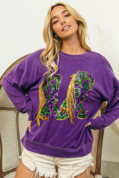 Fringed Mardi Gras Cowgirl Boots Pullover Sweatshirt by BiBi Clothing