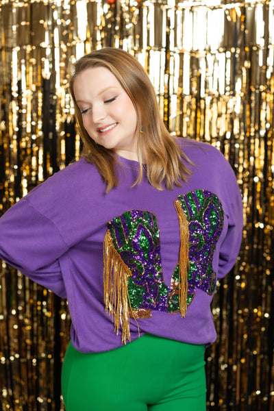 Fringed Mardi Gras Cowgirl Boots Pullover Sweatshirt by BiBi Clothing