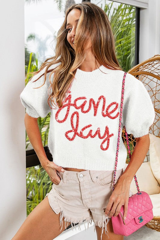 Game Day Metallic Letter Short Sleeve Puff Sleeve Sweater by BiBi Clothing