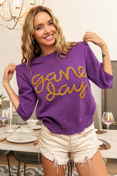 Game Day Metallic Letter Short Sleeve Puff Sleeve Sweater by BiBi Clothing