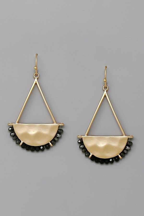 Glass Bead Trimmed Hammered Half Disc Earrings