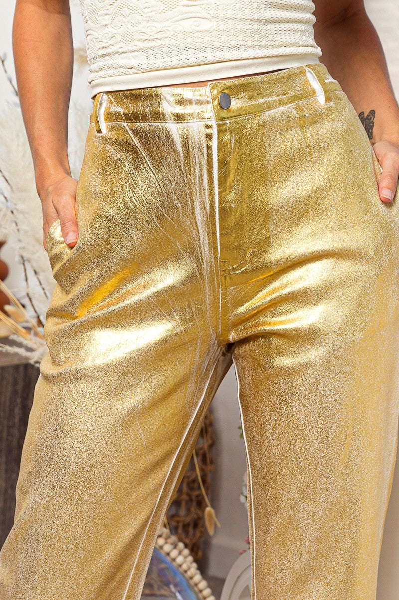 Gold Metallic Wash Straight Leg High Waist Pants by BiBi Clothing