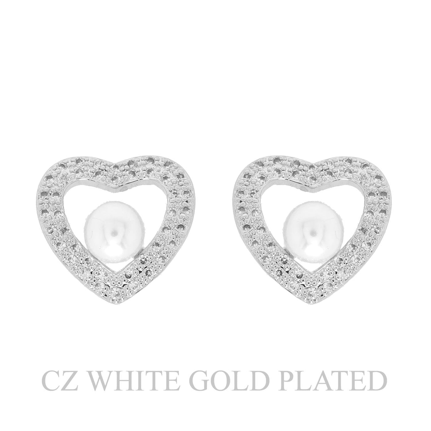 Gold Plated Cubic Zirconia Pearl Open Heart Stud Earrings