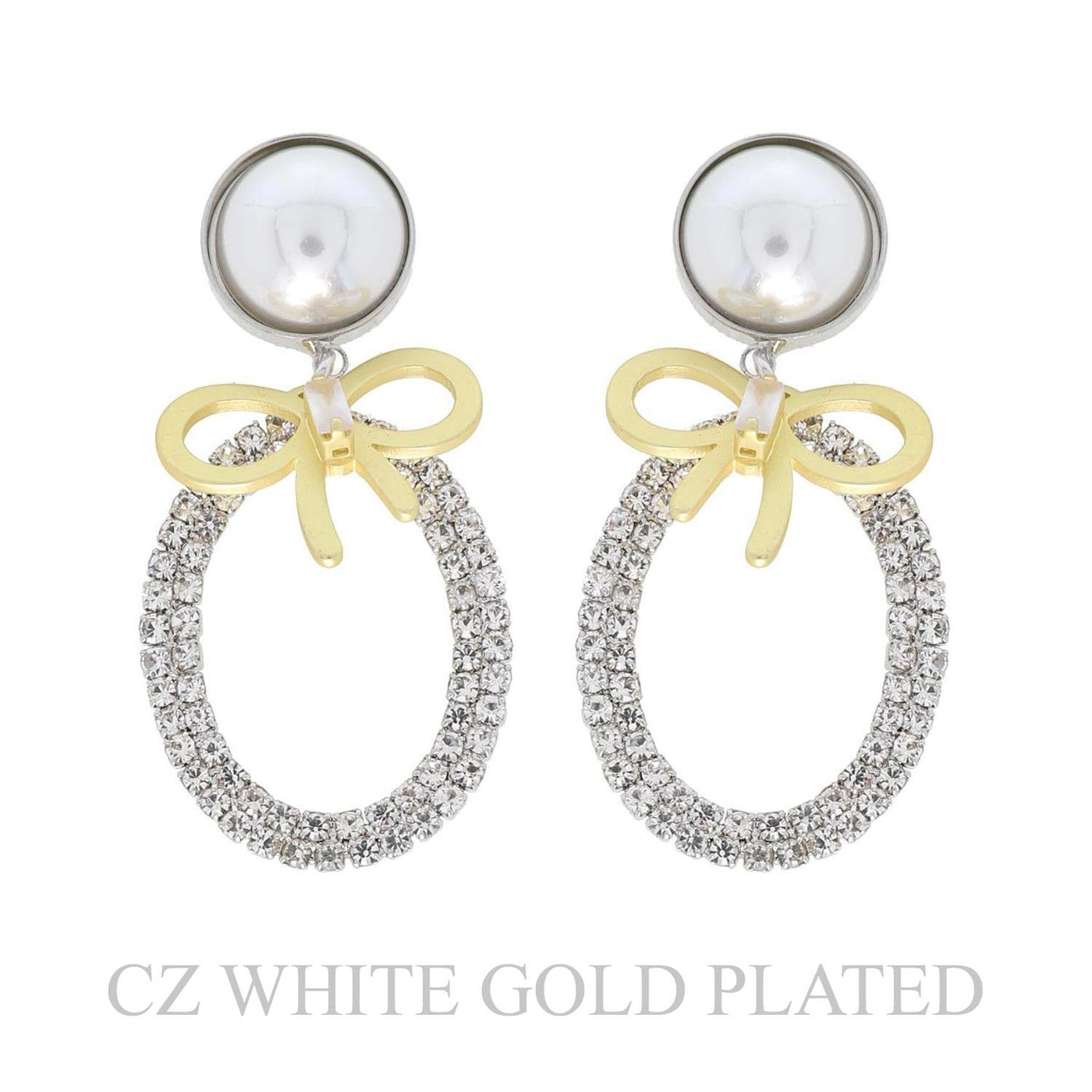 Gold Plated Cubic Zirconia & Pearl Open Oval Ribbon Earrings