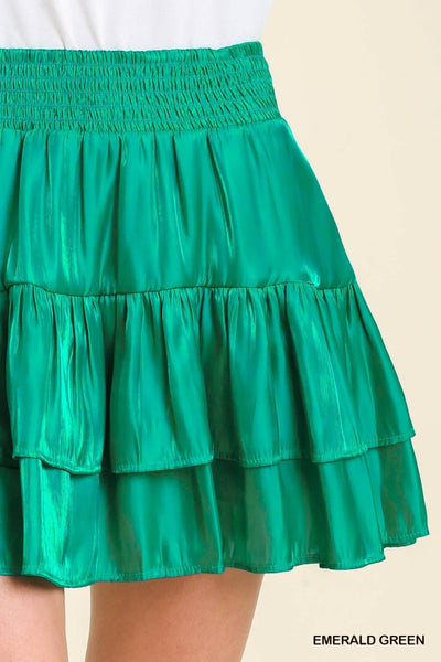 Green Satin Layered Ruffle Mardi Gras Skirt by Umgee Clothing