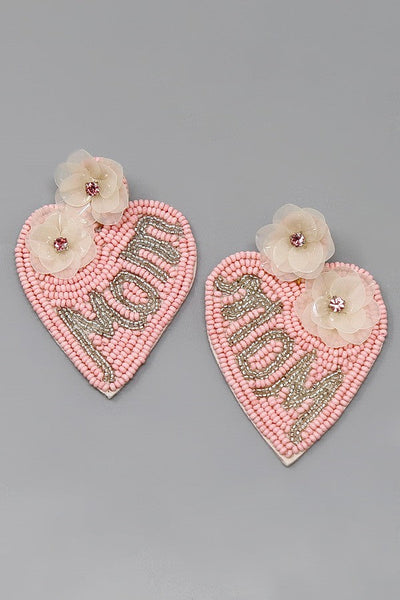 Heart Shaped 'MOM' Seed Bead Earrings with Flower Embellishments