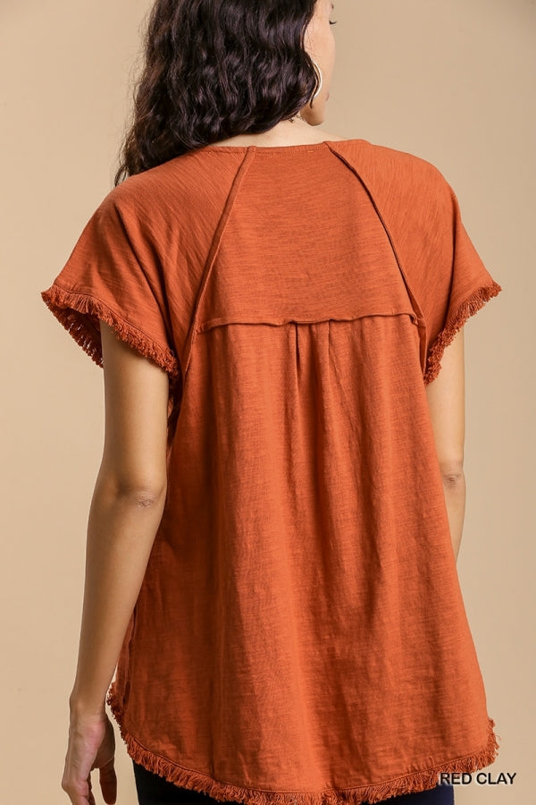 High-Low Frayed Hem Cotton Tunic Top by Umgee Clothing