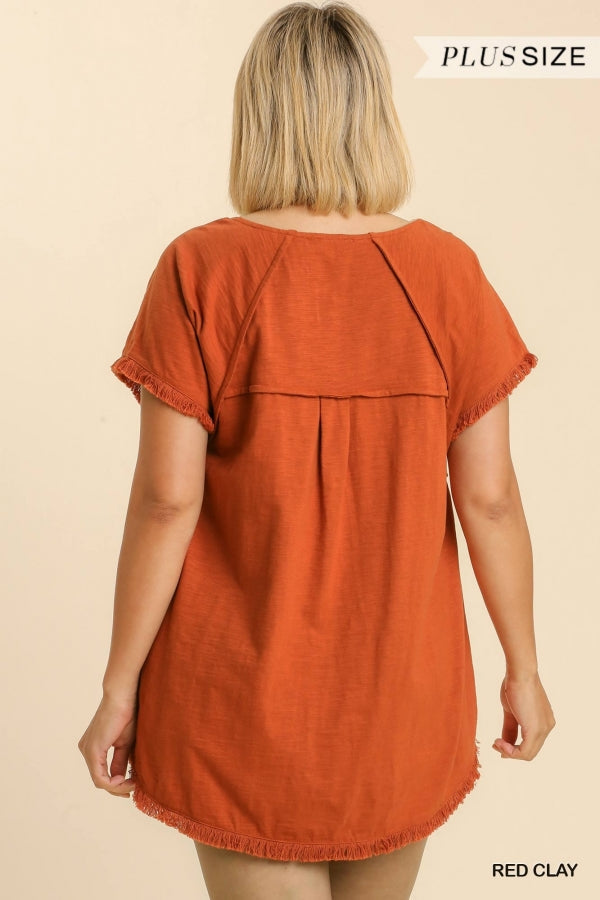 High-Low Frayed Hem Cotton Tunic Top in Plus Size by Umgee Clothing