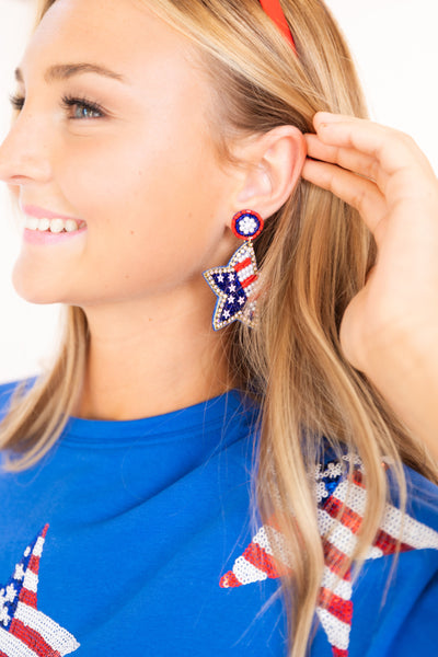 Jeweled Patriotic Star Shaped Seed Bead Earrings