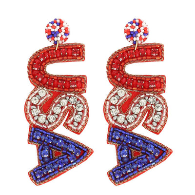 Jeweled Patriotic USA Lettering Seed Bead Earrings