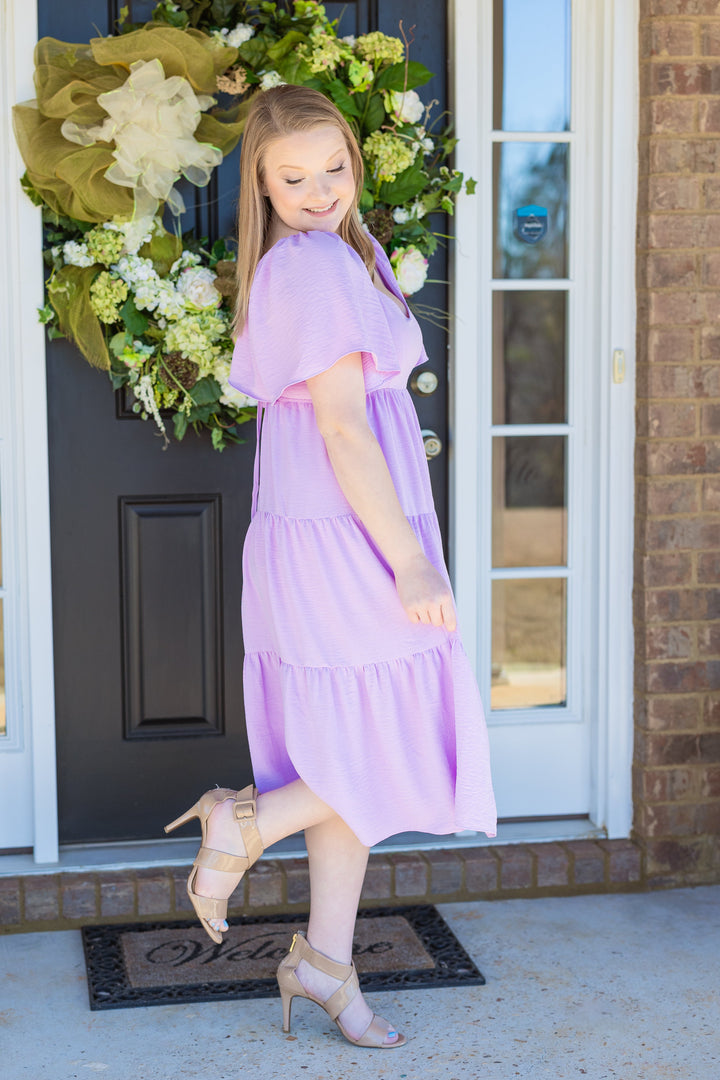 She & Sky Flutter Sleeve Tiered Midi Easter Dress S