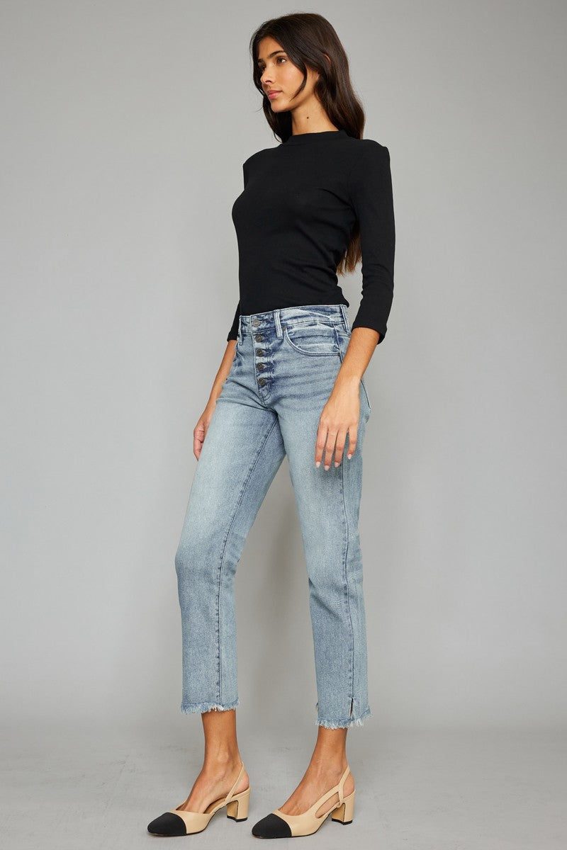 Light Wash High Rise Crop Straight Fit Jeans by Kancan Collection