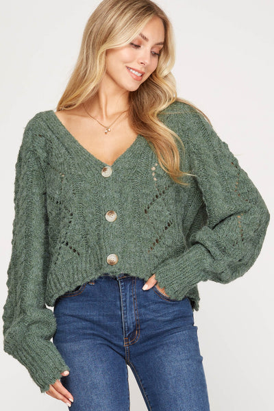 Long Sleeve Button Down Cable Knit Sweater Cardigan by She + Sky
