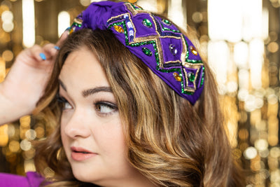 Mardi Gras Chevron Sequin & Crystal Gemstone Embellished Knot Headband