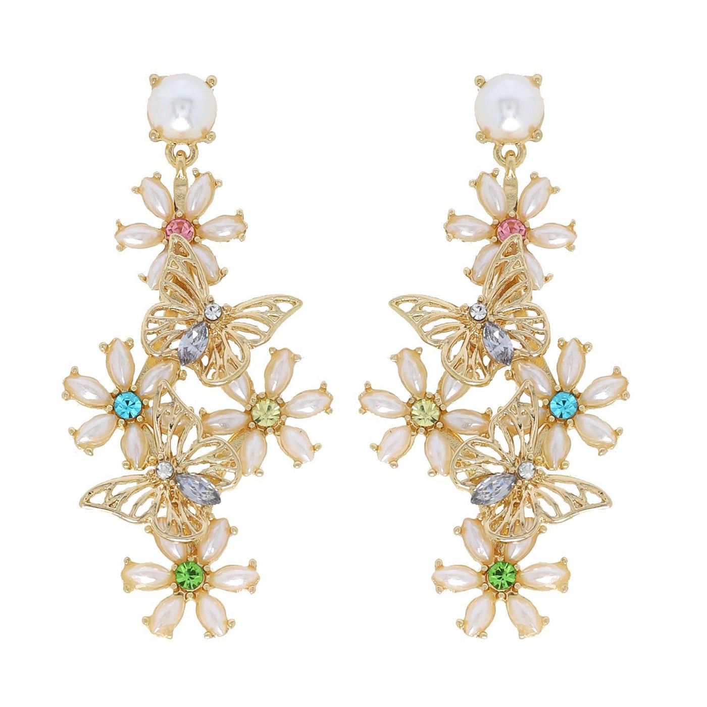 Marquise Cut Crystal Rhinestone & Pearl Daisy Floral Butterfly Earrings