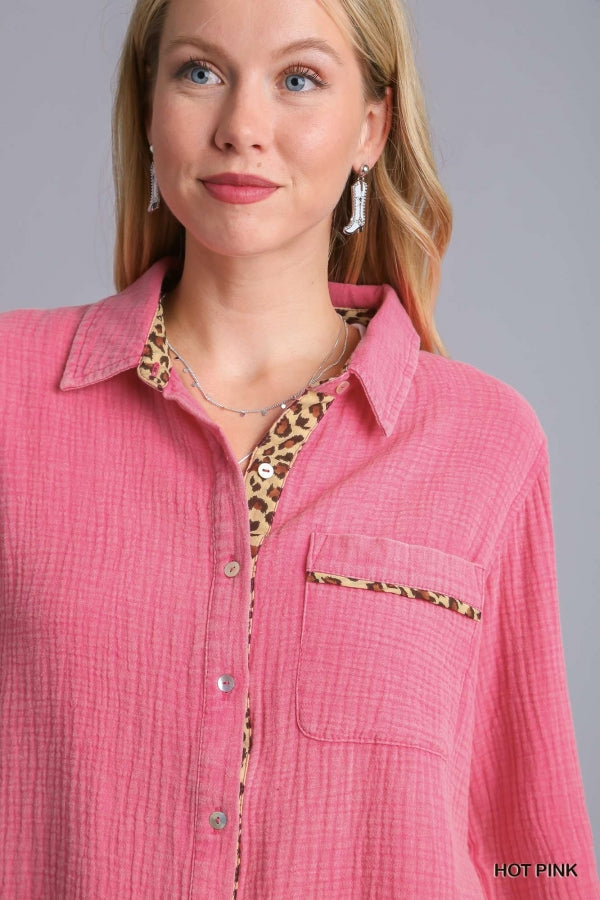 Mineral Wash Cotton Gauze Button Down Top with Animal Print Detail by Umgee Clothing