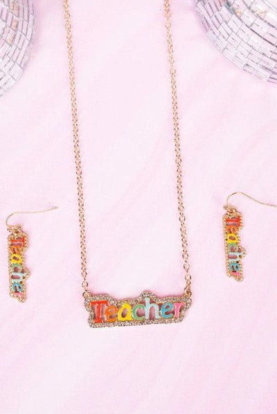 Multi-Color & Crystal 'TEACHER' Bar Necklace & Earring Set