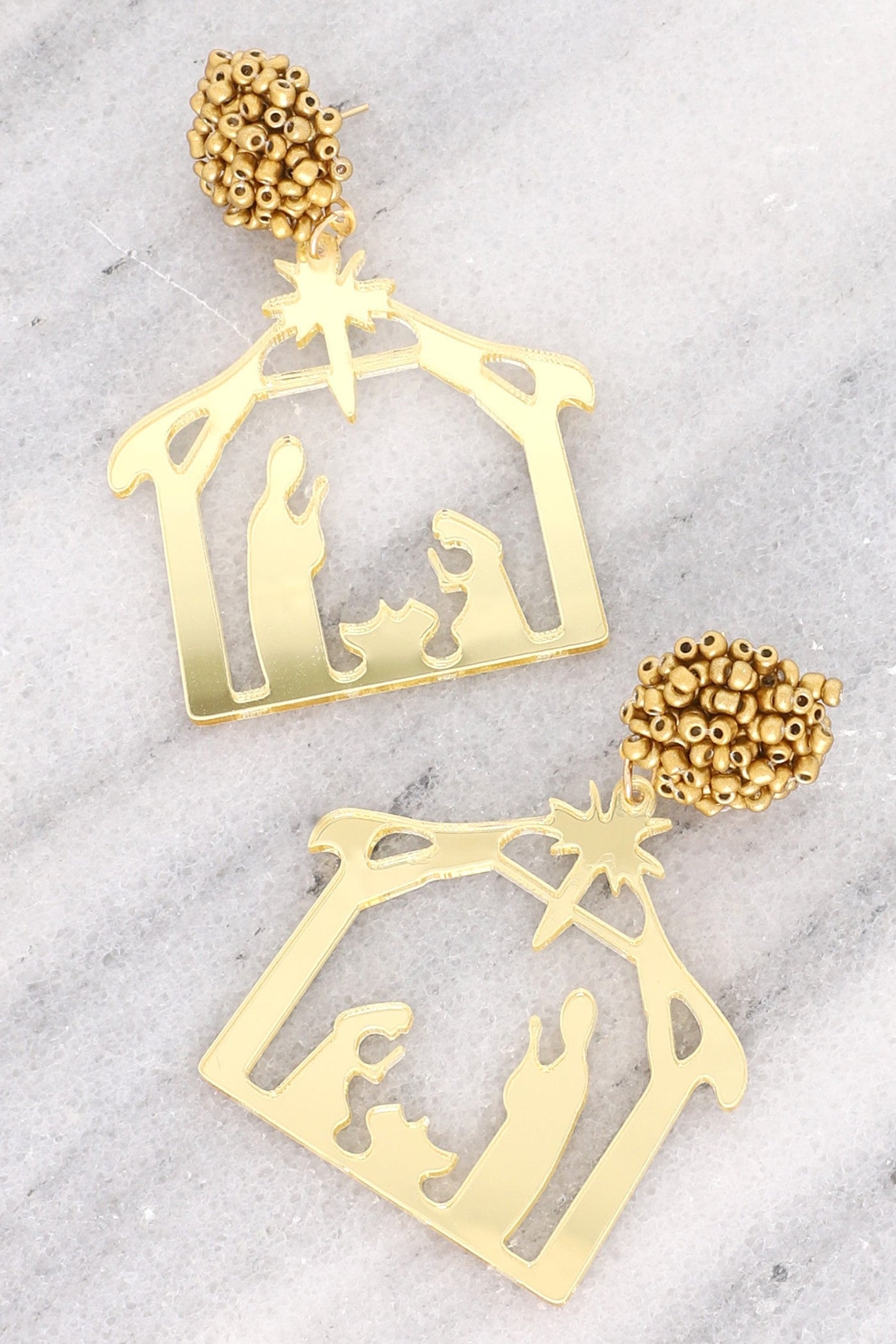 Nativity Scene Gold Glitter Acetate Christmas Earrings with Pom Pom Post