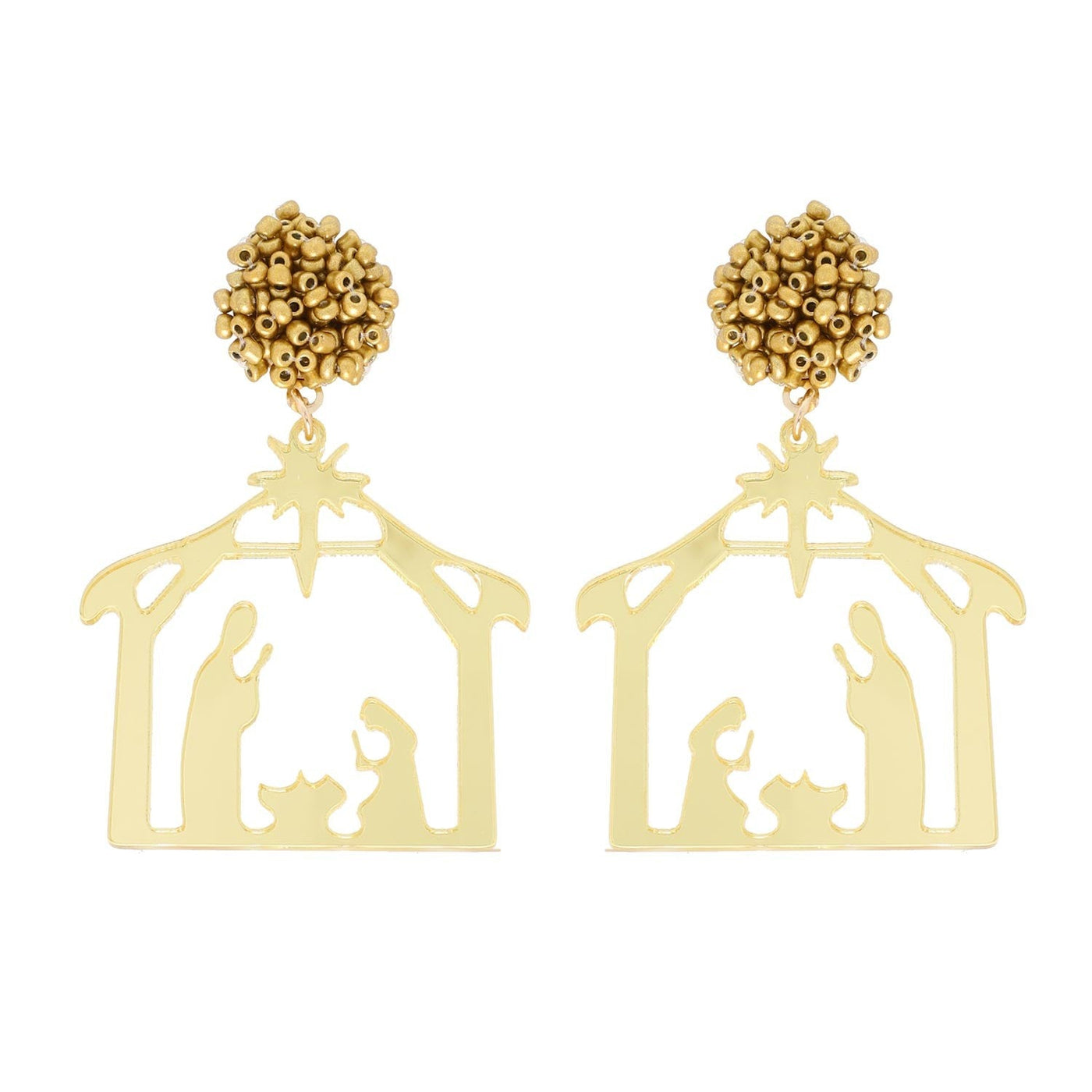 Nativity Scene Gold Glitter Acetate Christmas Earrings with Pom Pom Post