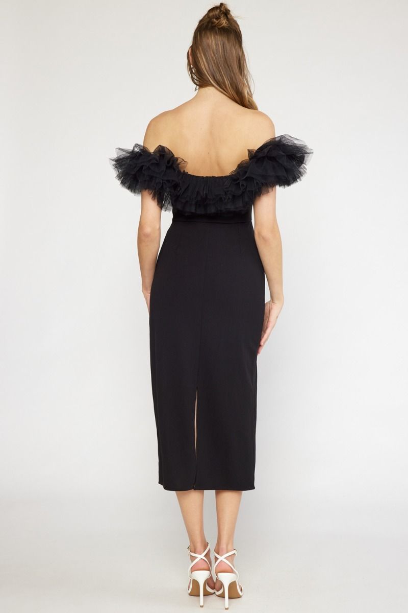 Off-The-Shoulder Black Midi Dress by Entro Clothing M