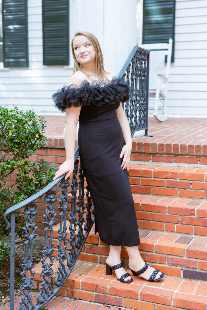 Off-the-Shoulder Black Midi Dress by Entro Clothing M