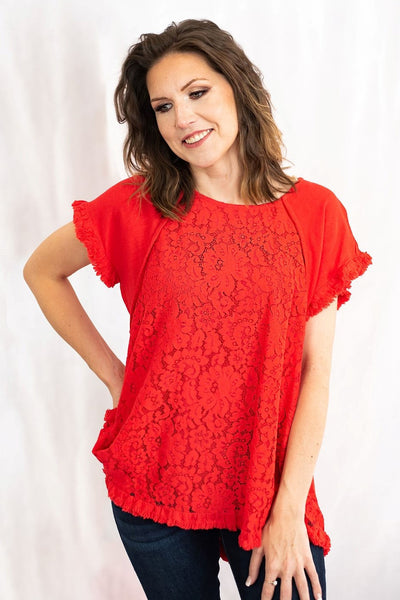 Pintuck High-Low Frayed Hem Linen Tunic Top with Lace Detail by Umgee Clothing