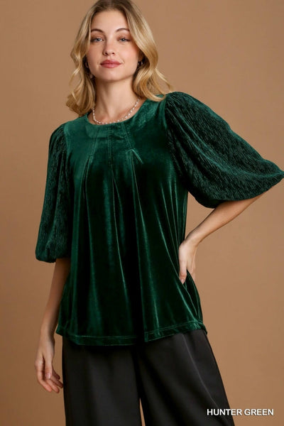 Pleated Balloon Sleeve Velvet Top by Umgee Clothing