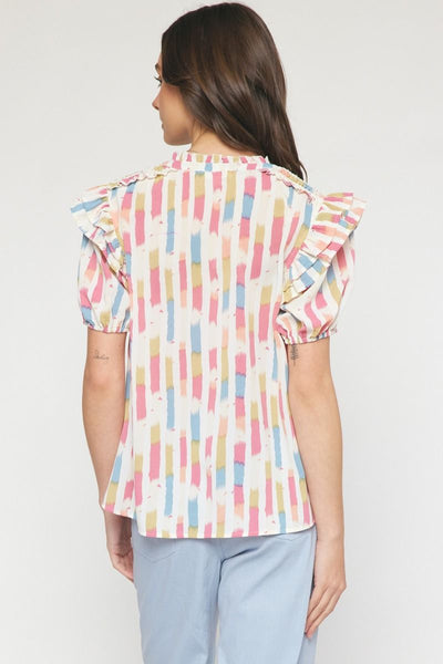 Print Self Tie V-Neck Ruffle Sleeve Top by Entro Clothing