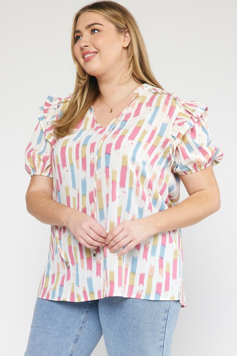 Print Self Tie V-Neck Ruffle Sleeve Top in Plus Size by Entro Clothing