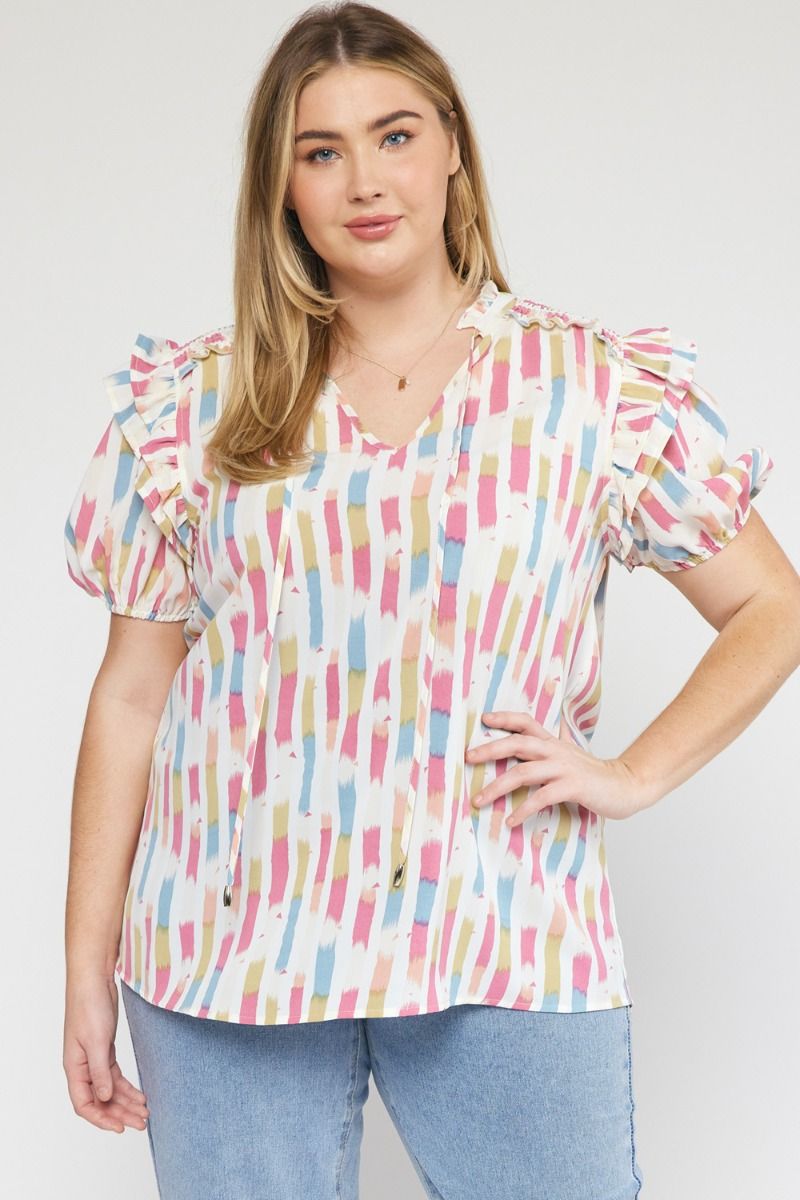 Print Self Tie V-Neck Ruffle Sleeve Top in Plus Size by Entro Clothing