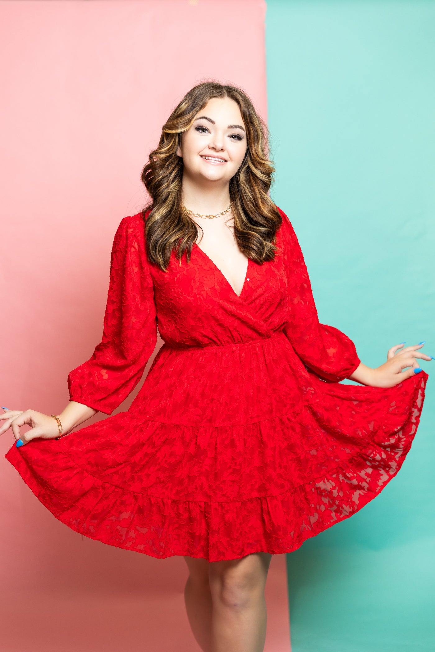 Jodifl Clothing Red Textured Surplice Tiered Babydoll Dress L