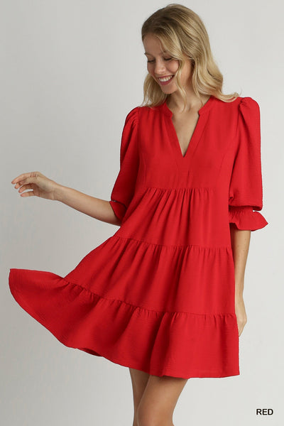 Red Tiered Split Neck Dress by Umgee Clothing