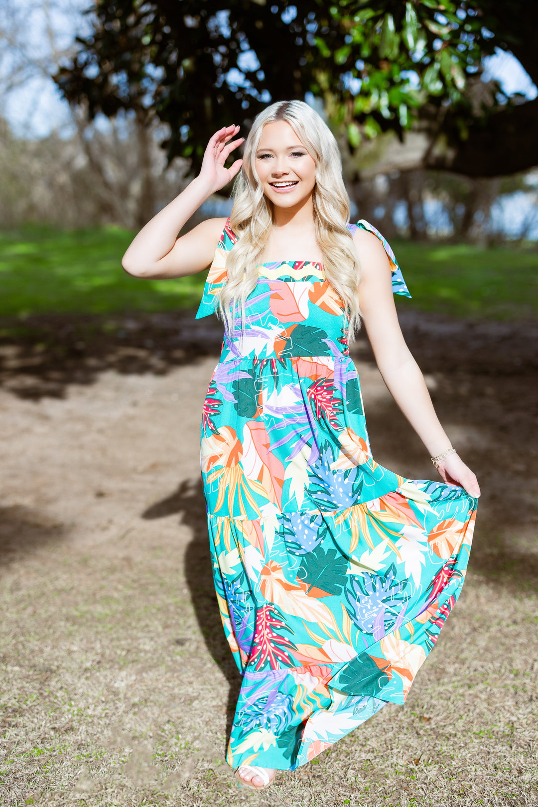 Umgee USA Ric Rac Trim Tropical Print Resort Maxi Dress L
