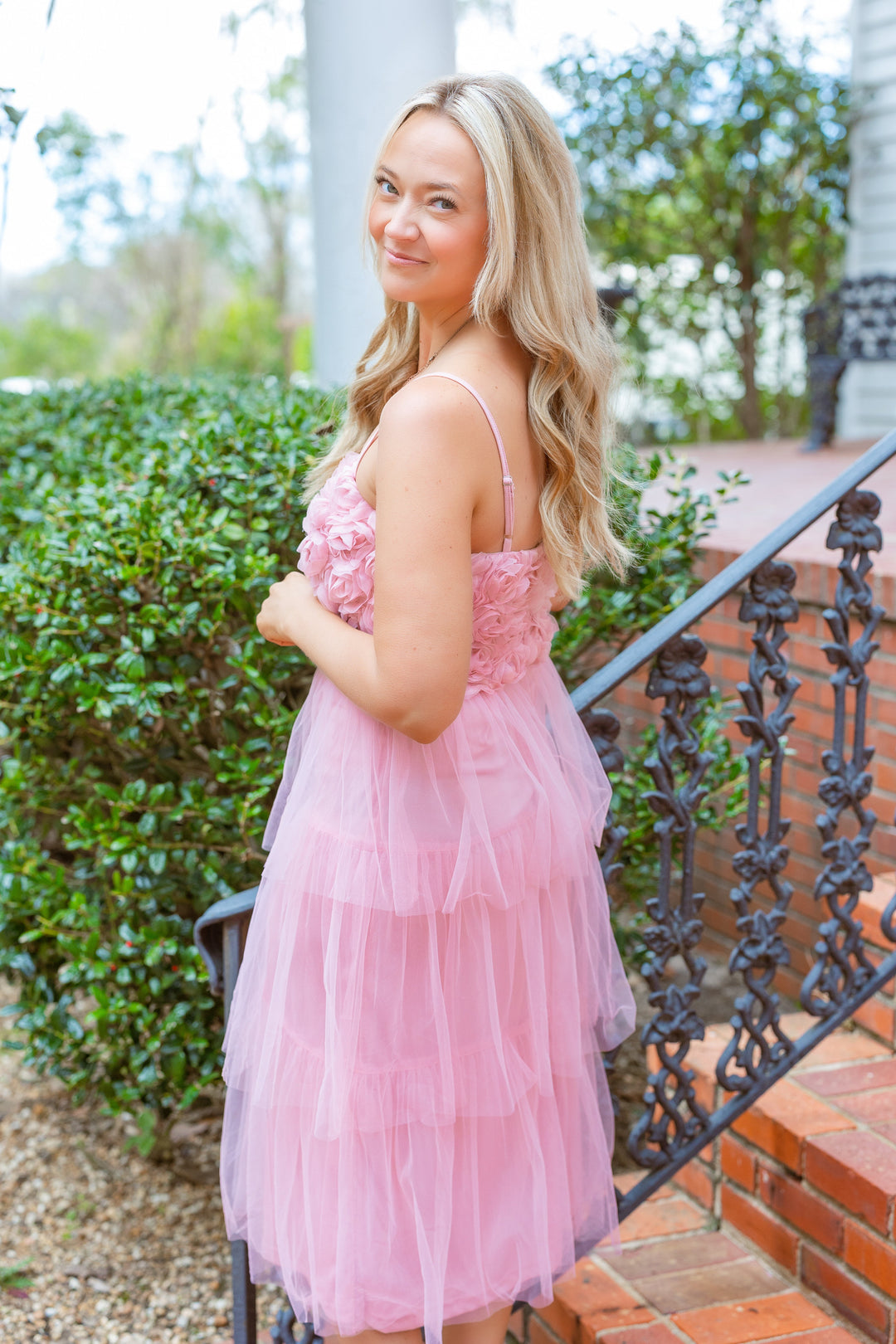 tiered tulle dress midi Rosette Detail Tiered Tulle Midi Wedding Guest Dress by She + Sky –  Hometown Heritage Boutique