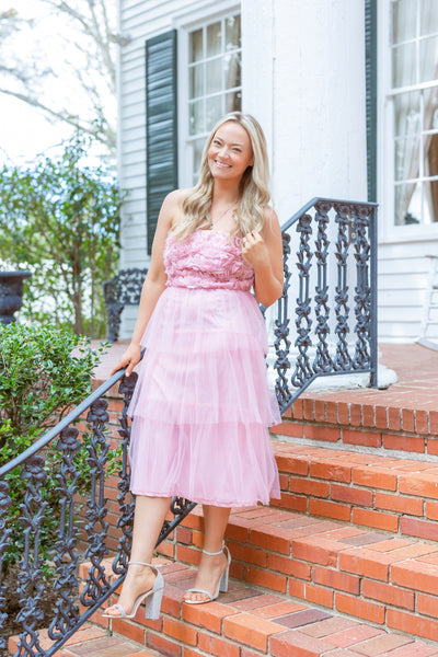 Rosette Detail Tiered Tulle Midi Wedding Guest Dress by She + Sky