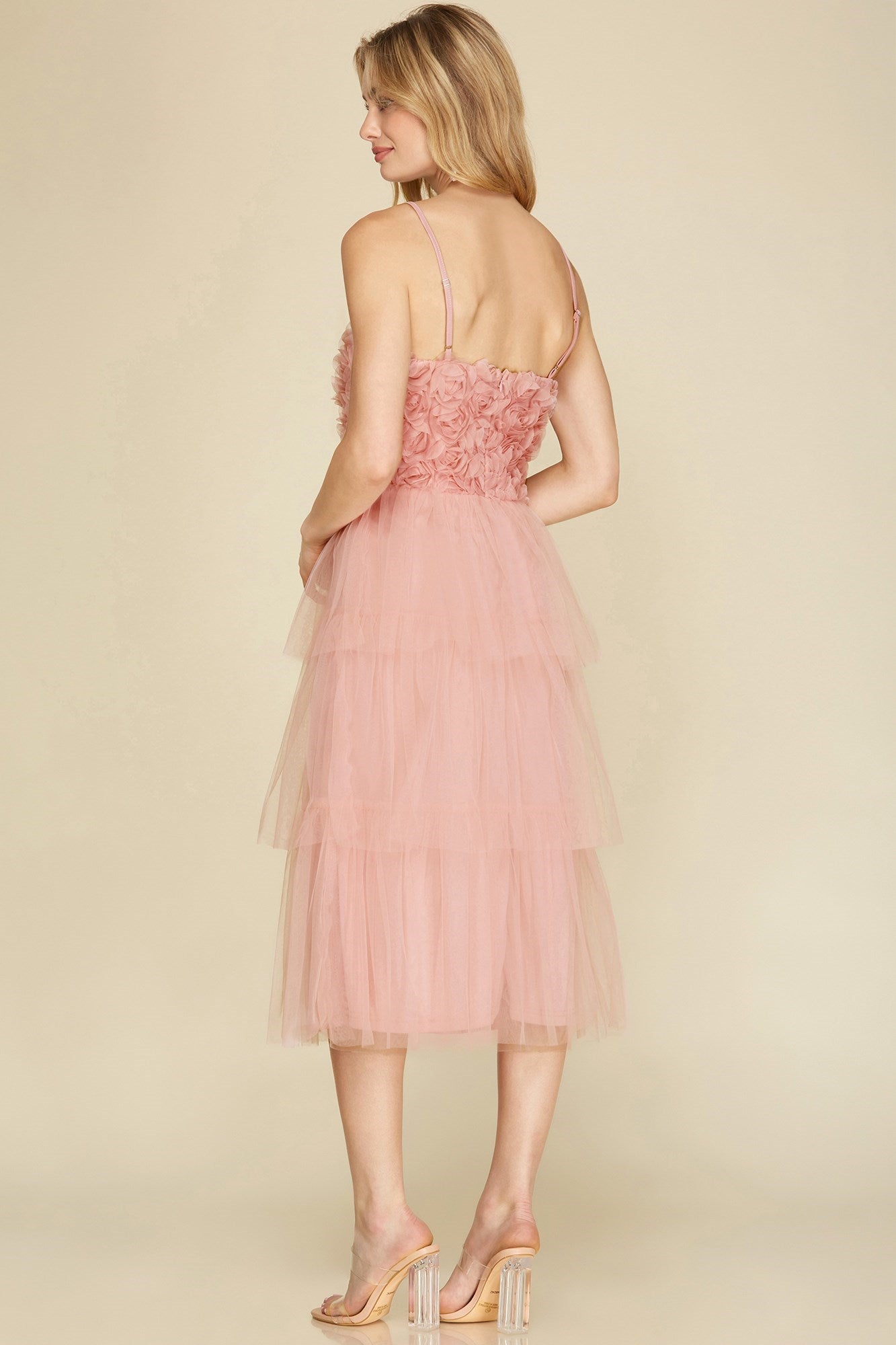 Rosette Detail Tiered Tulle Midi Wedding Guest Dress by She + Sky