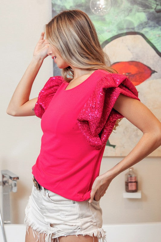 Round Neck Sequin Ruffle Sleeve Knit Tank Top by BiBi Clothing