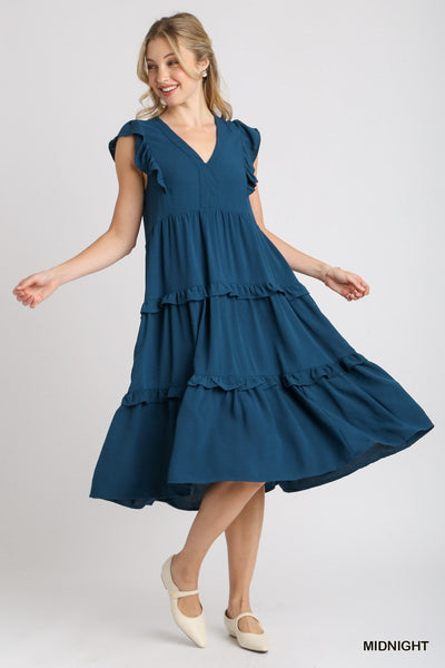 Ruffle Tiered Midi Dress with Flutter Sleeves by Umgee Clothing