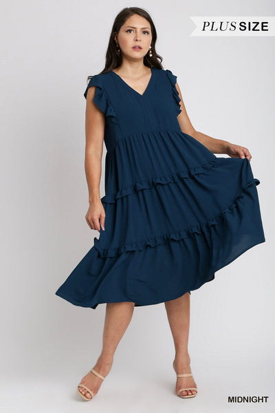 Ruffle Tiered Midi Dress with Flutter Sleeves in Plus Size by Umgee Clothing