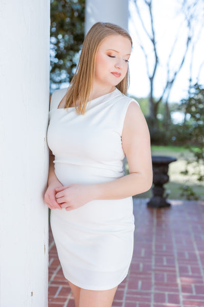 Sleeveless Asymmetrical Neck Knit White Mini Bridal Dress by She + Sky