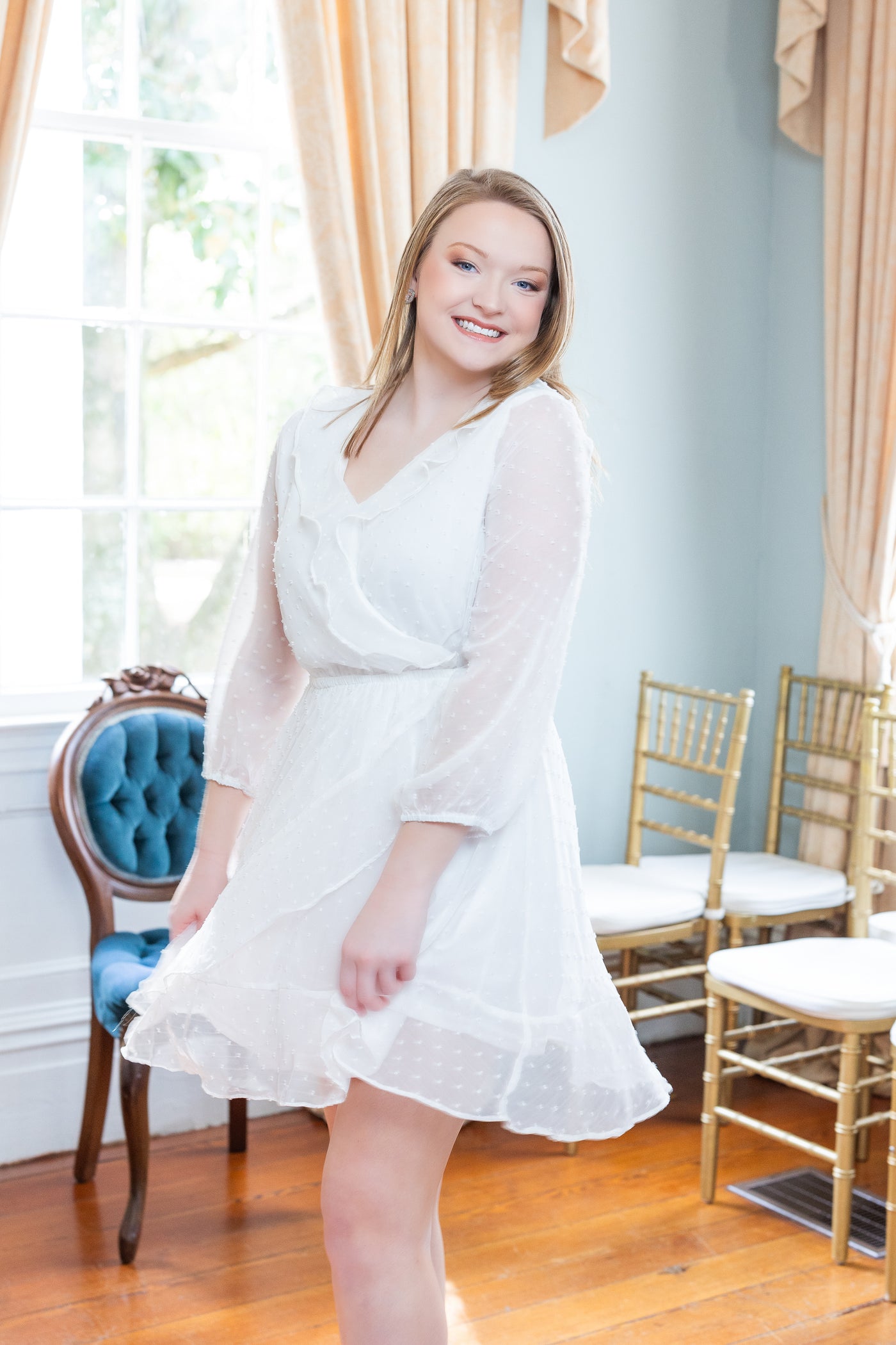 White Quarter Sleeve Ruffle Swiss Dot Bridal Dress by Entro Clothing