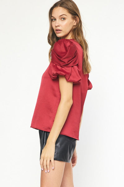 Satin Blouse Top with Short Ruched Sleeves by Entro Clothing