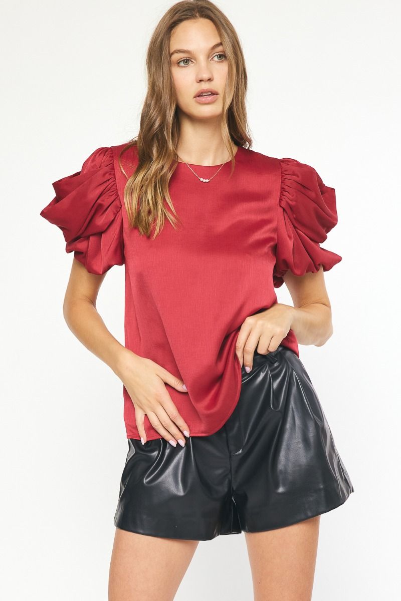 Satin Blouse Top with Short Ruched Sleeves by Entro Clothing