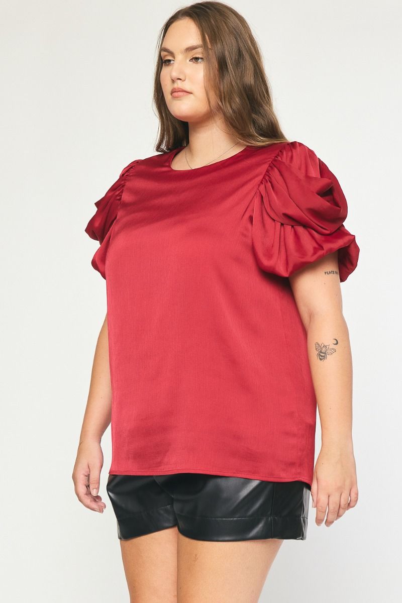 Satin Blouse Top with Short Ruched Sleeves in Plus Size by Entro Clothing