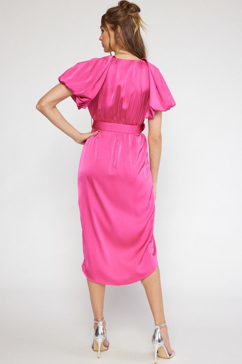 Satin Bubble Sleeve Belted Wrap Midi Dress by Entro Clothing L Satin Bubble Sleeve Belted Wrap Midi Dress by Entro Clothing L