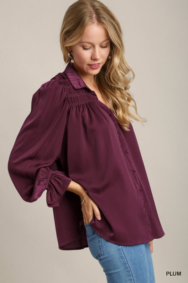 Satin Button Down Blouse with Ruffles by Umgee Clothing