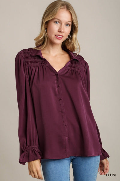 Satin Button Down Blouse with Ruffles by Umgee Clothing