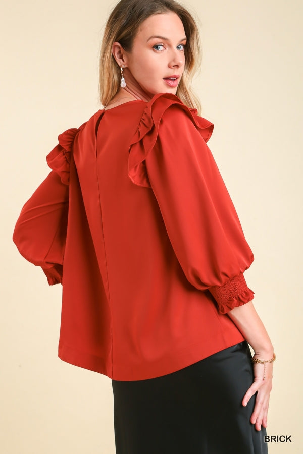 Satin Double Ruffle Blouse by Umgee Clothing