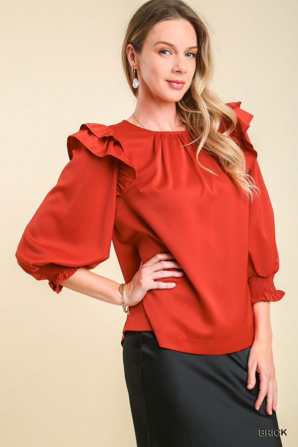 Satin Double Ruffle Blouse by Umgee Clothing