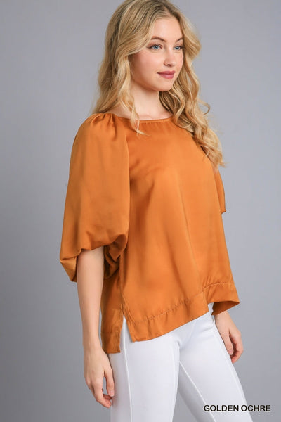 Satin High Low Hem Blouse with Half Balloon Sleeves by Umgee Clothing